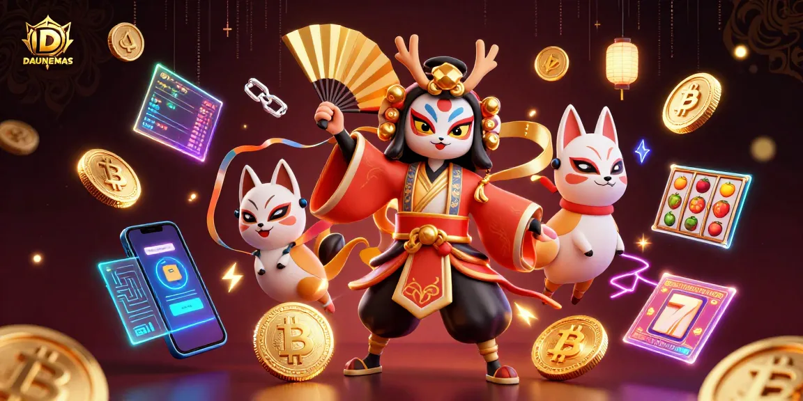 DAUNEMAS showcases an animated kabuki warrior among slot reels and crypto elements, capturing casino excitement.