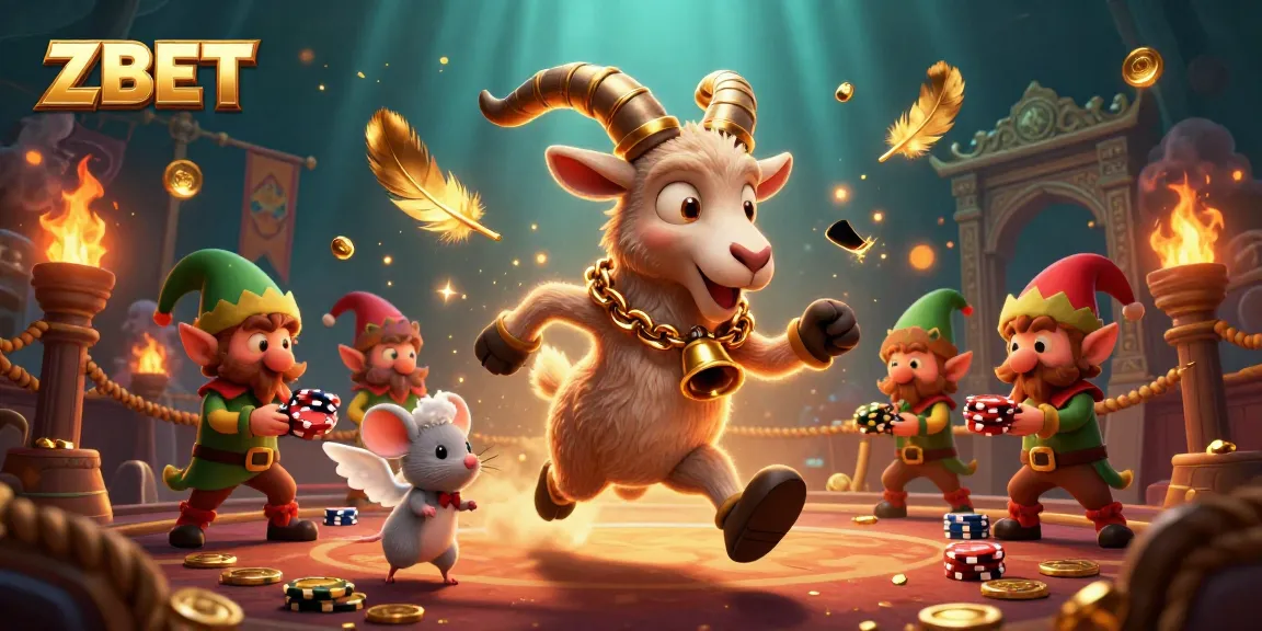 ZBET strikes gold with a lively casino scene featuring a mischievous Krampus goat and angel mouse ensuring a fun game.