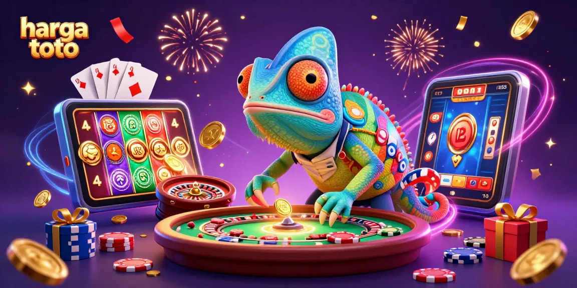 Experience harga toto with a vibrant 3D casino scene featuring a chameleon owner, gaming elements, and celebration effects.