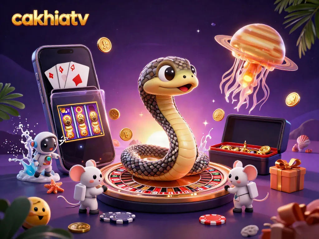 CakhiaTV features a vibrant cosmic casino scene with a Saturn ring snake roulette wheel and astronaut mice betting.