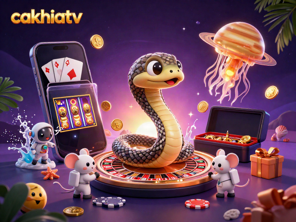 CakhiaTV features a vibrant cosmic casino scene with a Saturn ring snake roulette wheel and astronaut mice betting.