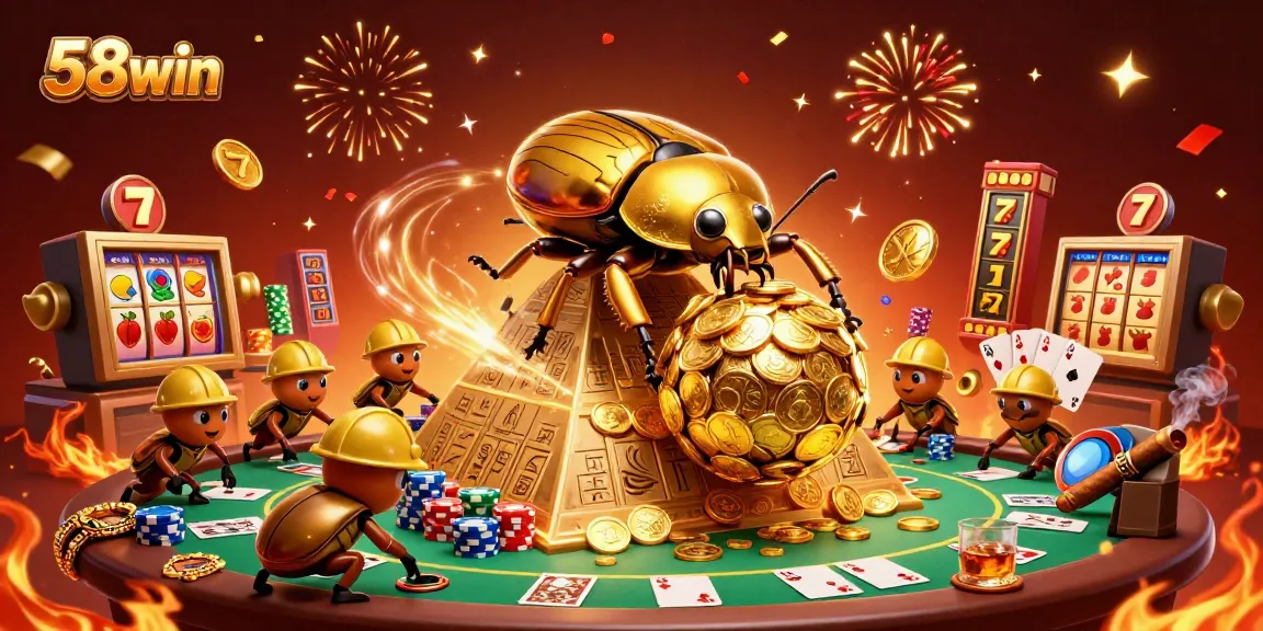 Experience the excitement of winning at 58win with this vibrant 3D casino scene featuring gold coins, beetles, and slot machines.