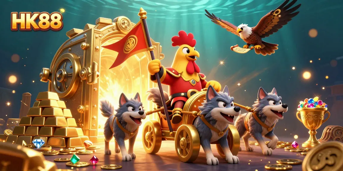Engage with HK88's thrilling betting experience featuring gold treasures and cartoon warriors.