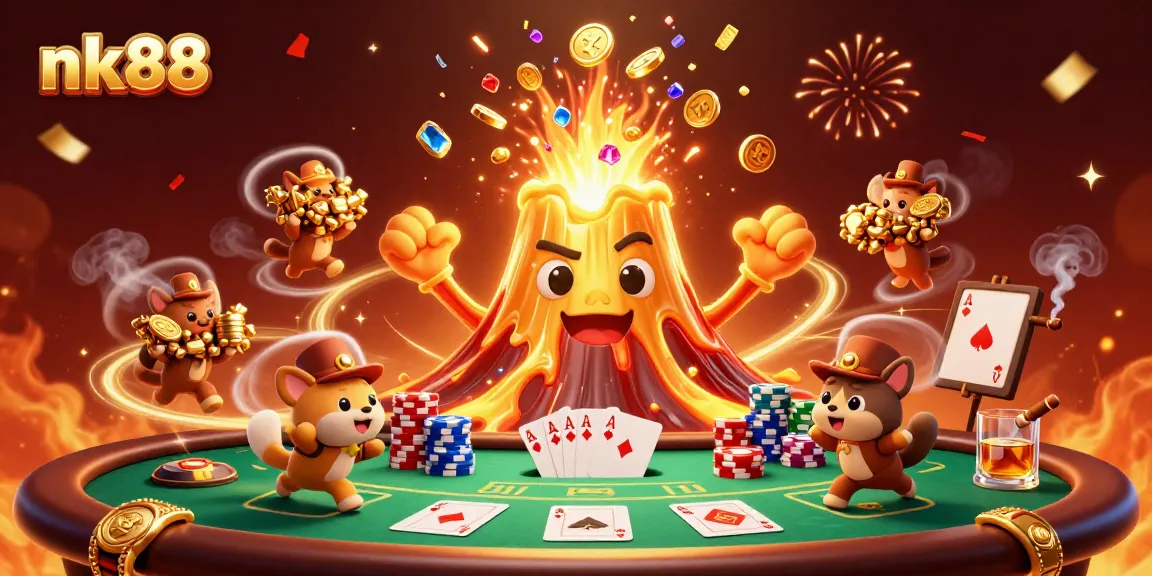 Experience thrilling wins at nk88 with vibrant casino gaming action and a golden volcano treasure theme.
