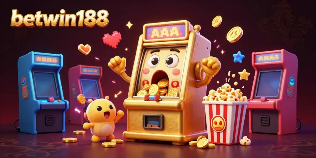 Visual menarik dari betwin188 menampilkan mesin slot emas tersenyum saat mendapatkan jackpot dengan koin berjatuhan.