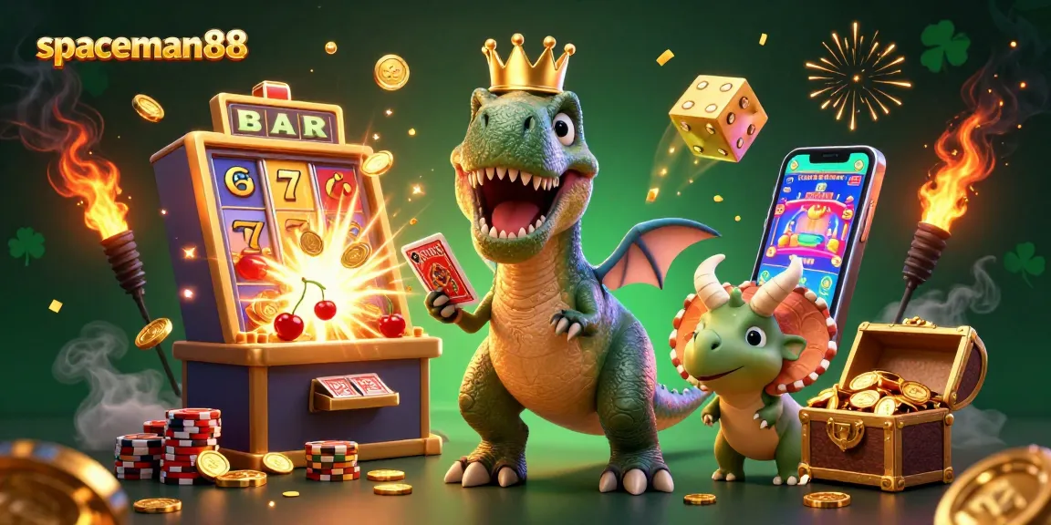 Experience high-stakes gaming at spaceman88 with a cartoon T-Rex shuffling cards amid a jackpot explosion.
