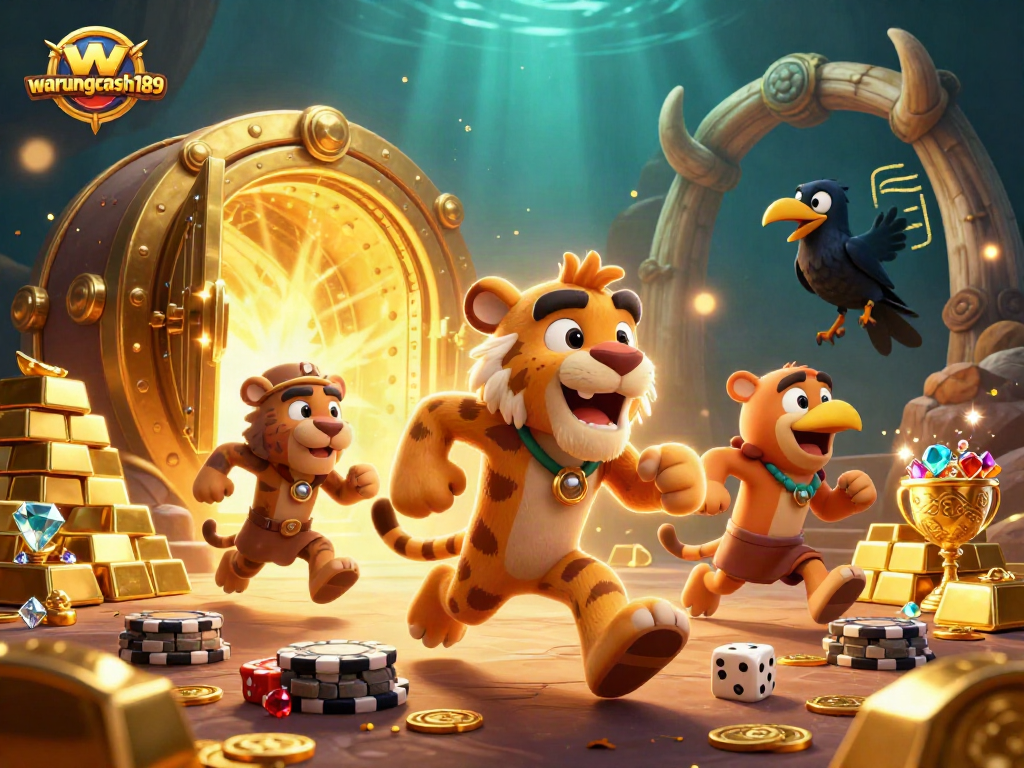 Engage in thrilling adventures at warungcash189 with playful cavemen in a vibrant prehistoric casino setting.