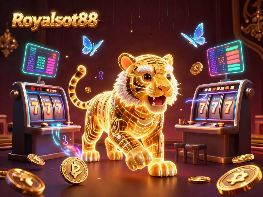 Permainan slot yang menarik di Royalslot88 dengan harimau neon berenergi dan elemen digital lainnya.