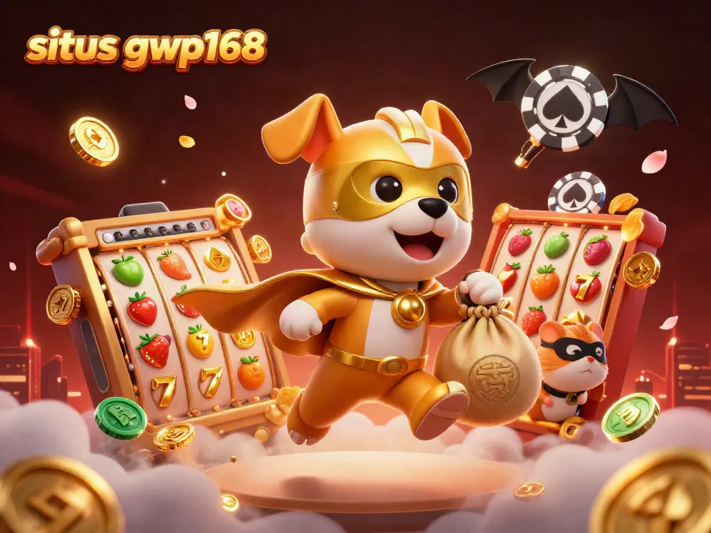 Permainan menarik di situs gwp168 dengan anjing pahlawan dan hamster di udara membawa koin emas.