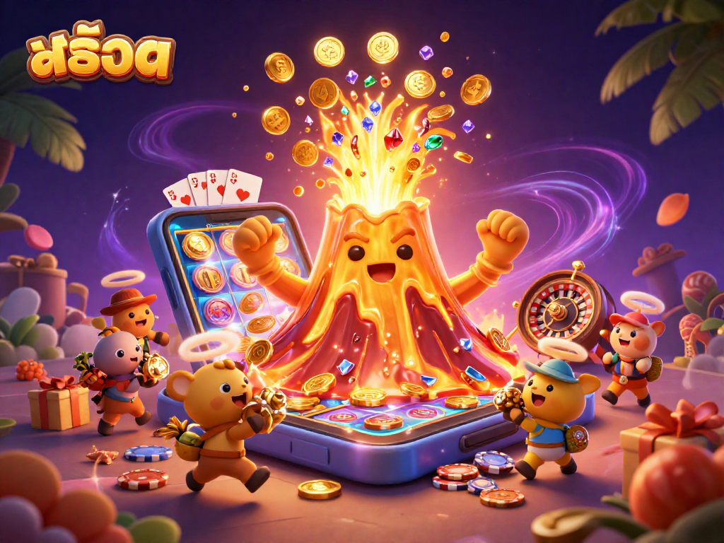 Experience the excitement of สล็อต in a vibrant 3D illustration with a golden volcano and treasure elements.