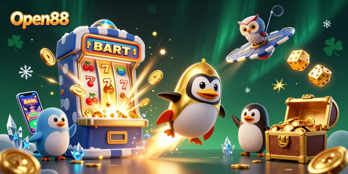 Open88 offers exciting gameplay with a golden penguin and jackpot wins in a vibrant casino scene.
