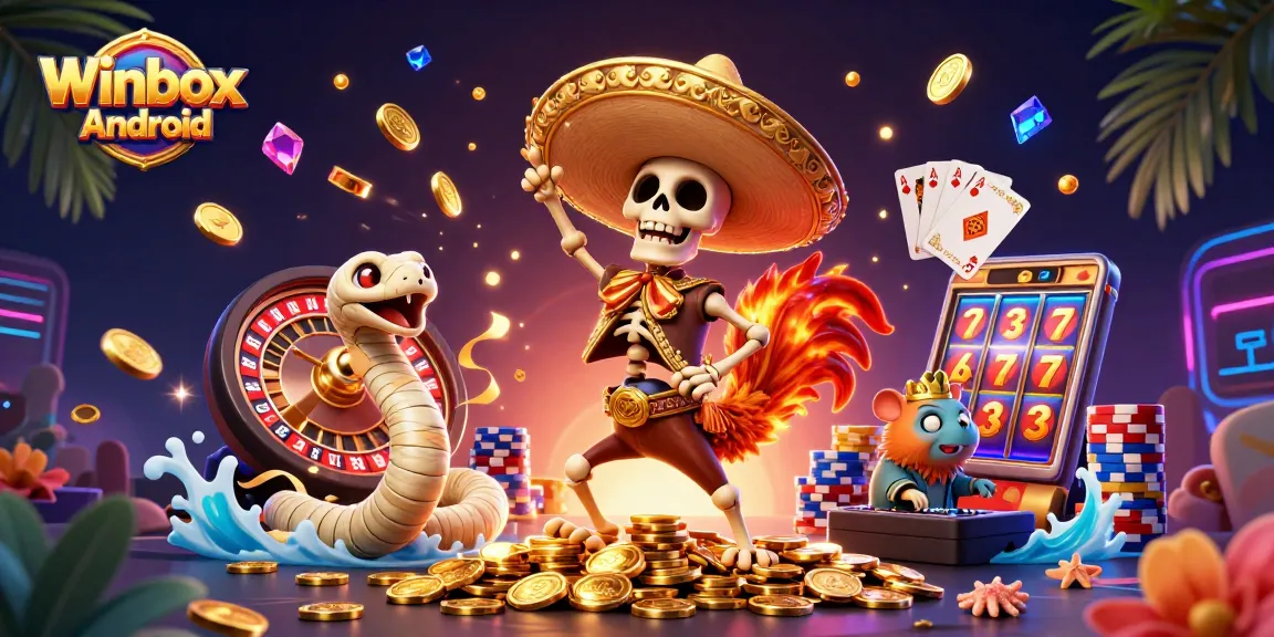 Experience seamless gaming with the Winbox Android app, featuring vibrant casino elements and characters.