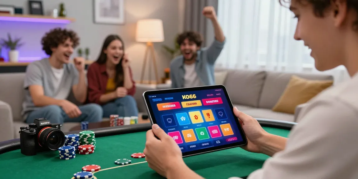 KO66 gaming excitement in a vibrant living room with friends and colorful interface.