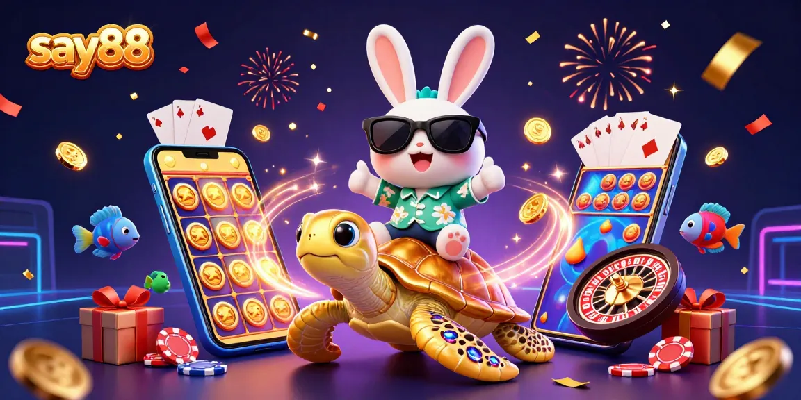 Experience thrilling games at say88, featuring a lucky rabbit and golden turtle amidst festive gambling elements.