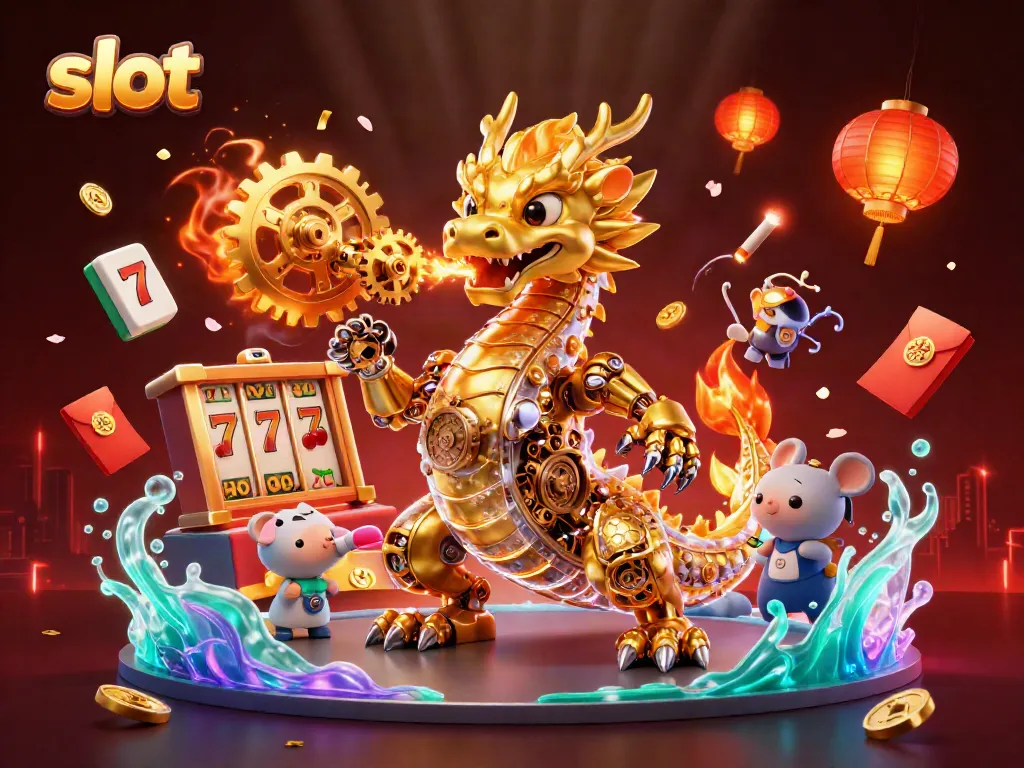Slot gacor dengan karakter naga emas dan elemen kasino di latar belakang menarik.