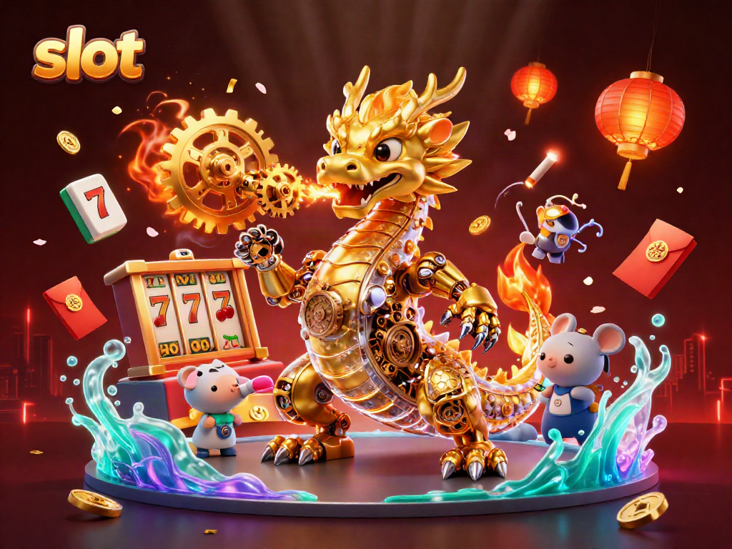 Slot gacor dengan karakter naga emas dan elemen kasino di latar belakang menarik.