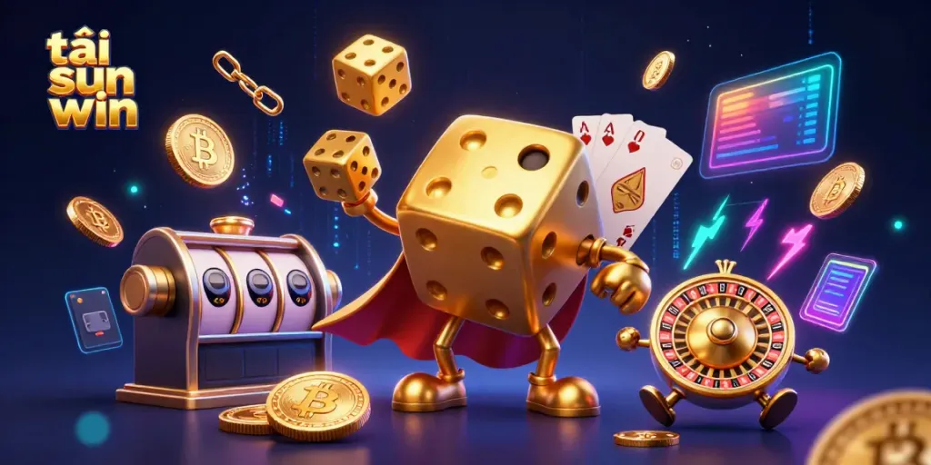 Experience the thrill of tải sun win through a vibrant 3D casino scene featuring an animated dice golem and gold coins.
