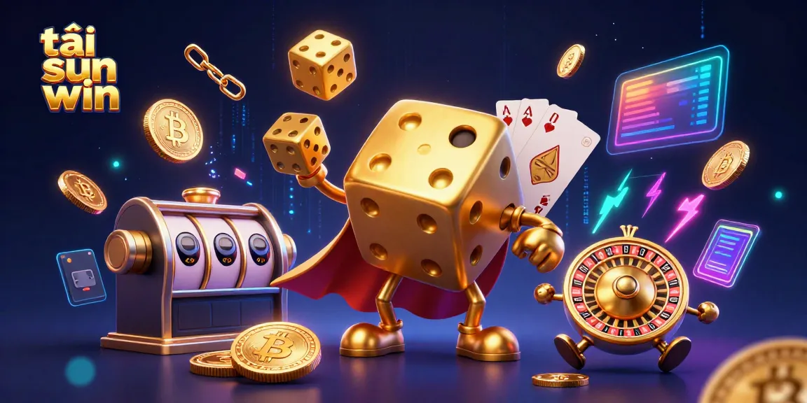 Experience the thrill of tải sun win through a vibrant 3D casino scene featuring an animated dice golem and gold coins.