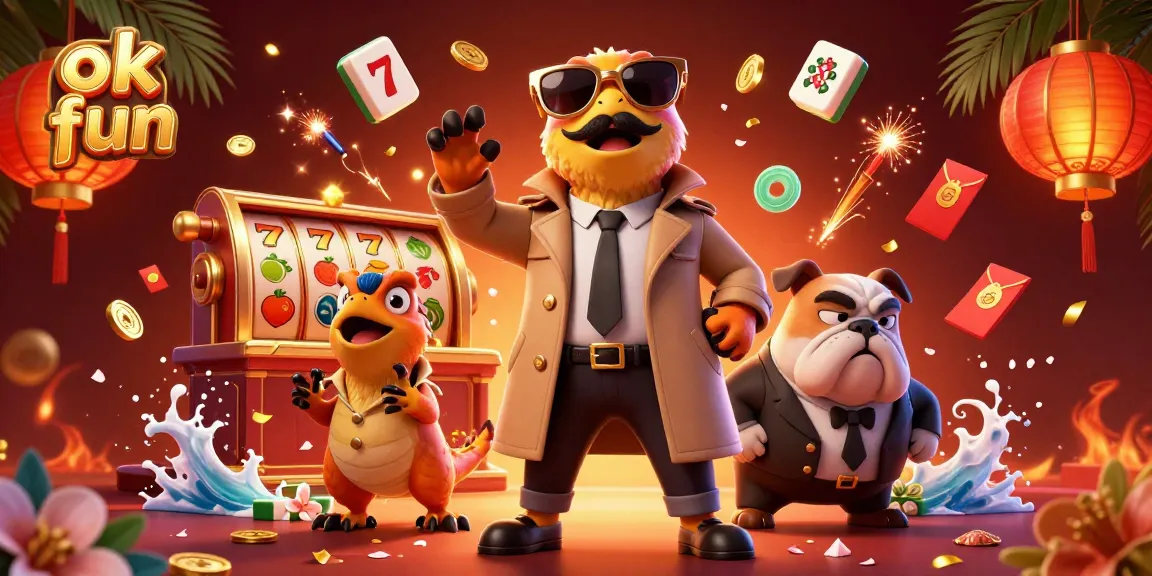 Join the fun with ok fun gaming, raptors in trench coats at a casino scene.