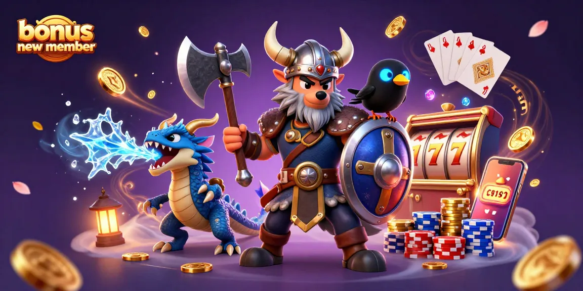 Experience the thrill of our bonus new member slot promotions with vibrant 3D illustration featuring exciting game elements.
