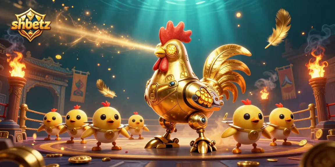 Engage in vibrant gameplays at shbetz with a futuristic golden rooster robot and baby chick drones in exciting casino settings.