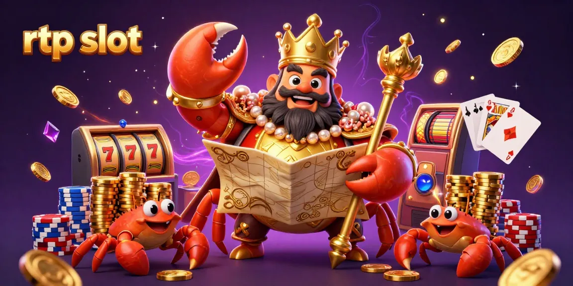 Engage with rtp slot games featuring a golden crab emperor, vibrant slot reels, and cascading coins.