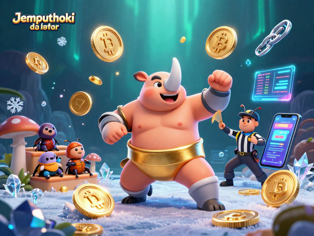 Boost your gaming excitement with Jemputhoki daftar featuring a colorful 3D NFT scene with a sumo champion beetle.
