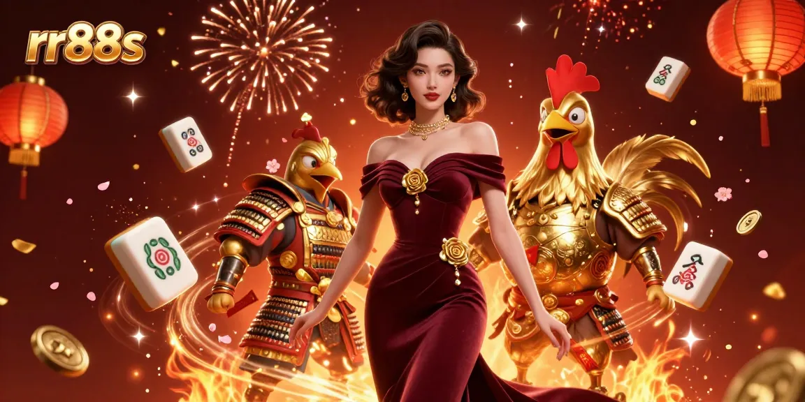 Experience thrill at rr88s casino featuring a glamorous lady and a golden rooster warrior in a vibrant setting.