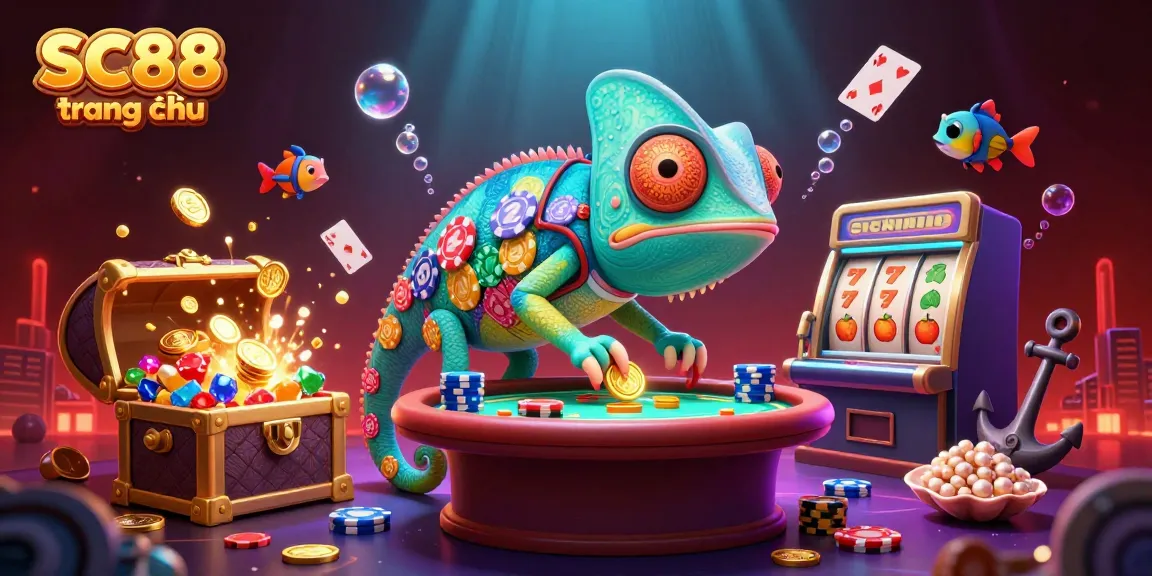 Engage with SC88 trang chủ's vibrant casino world featuring the colorful chameleon and slot machines.