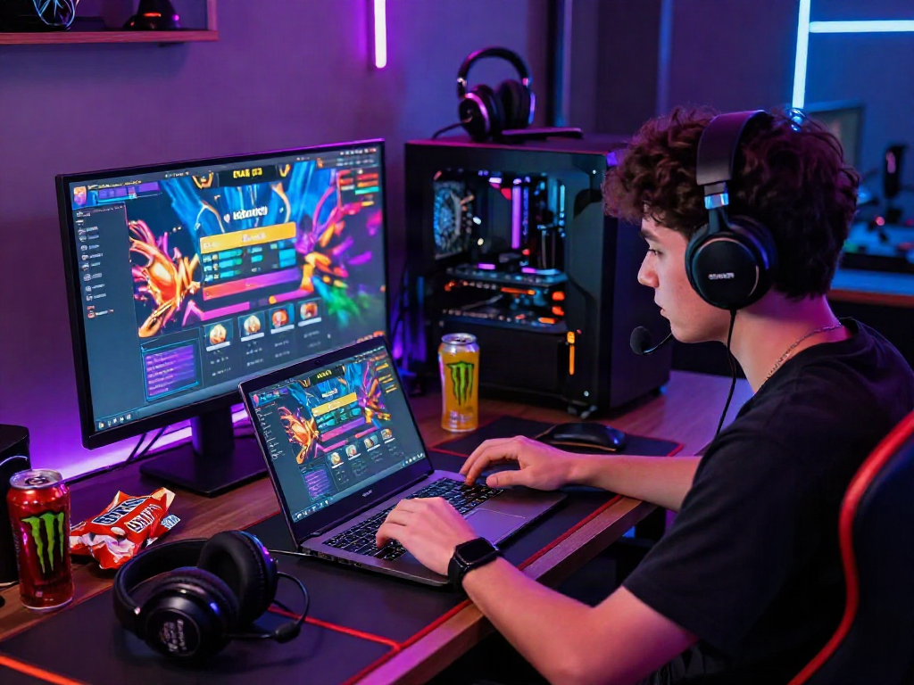 Player engaged with kebuntoto online betting platform in an exciting gaming environment with vibrant lighting and gadgets.