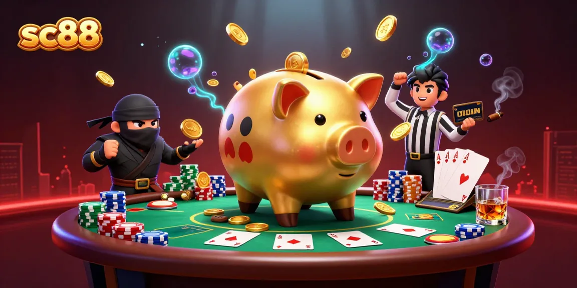 Play at sc88 with a lively scene depicting a golden piggy bank sumo wrestler and a wallet ninja amidst poker-themed chaos.