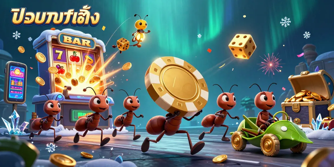 แทงบอลเต็ง action with ants carrying a giant poker chip in an exciting 3D casino scene.
