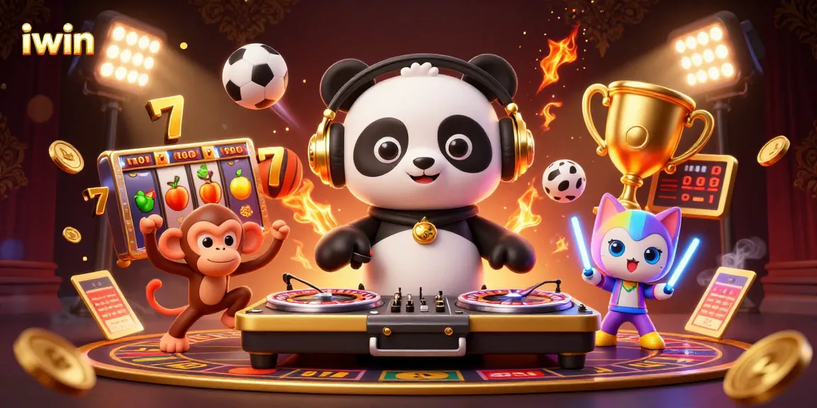Join the excitement of iwin with a vibrant 3D illustration featuring a DJ panda and lively gambling elements.