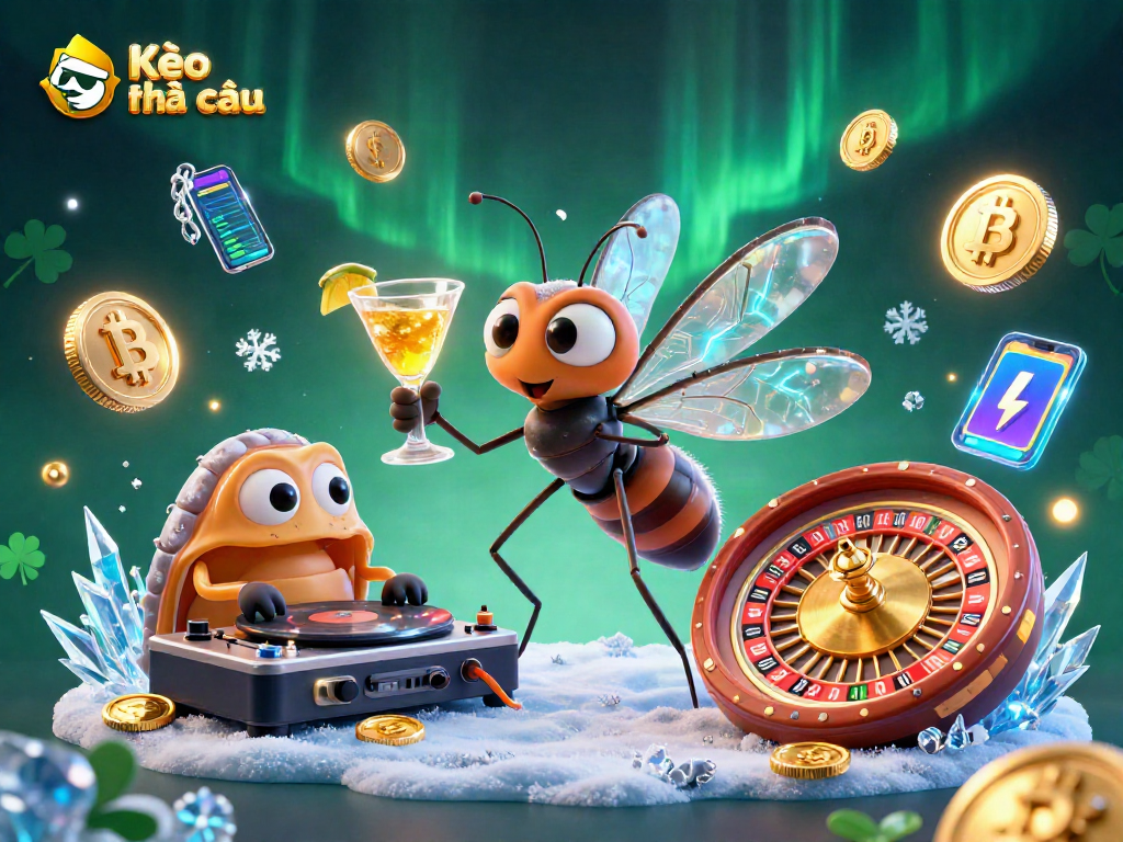 Kèo nhà cái showcases a vibrant casino scene featuring a frozen mosquito mascot, trilobite DJ, and ammonite roulette wheel.