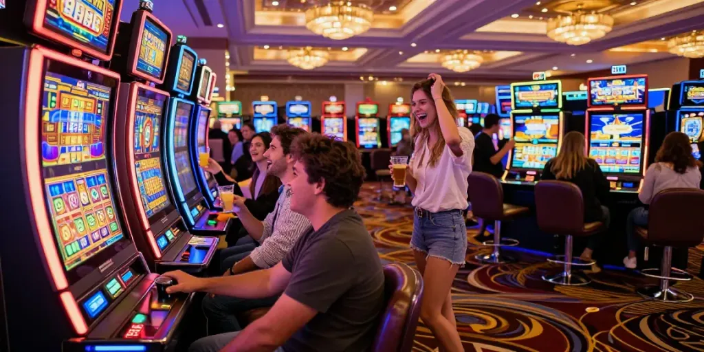 Exciting group enjoying a slot machine experience in a vibrant casino.