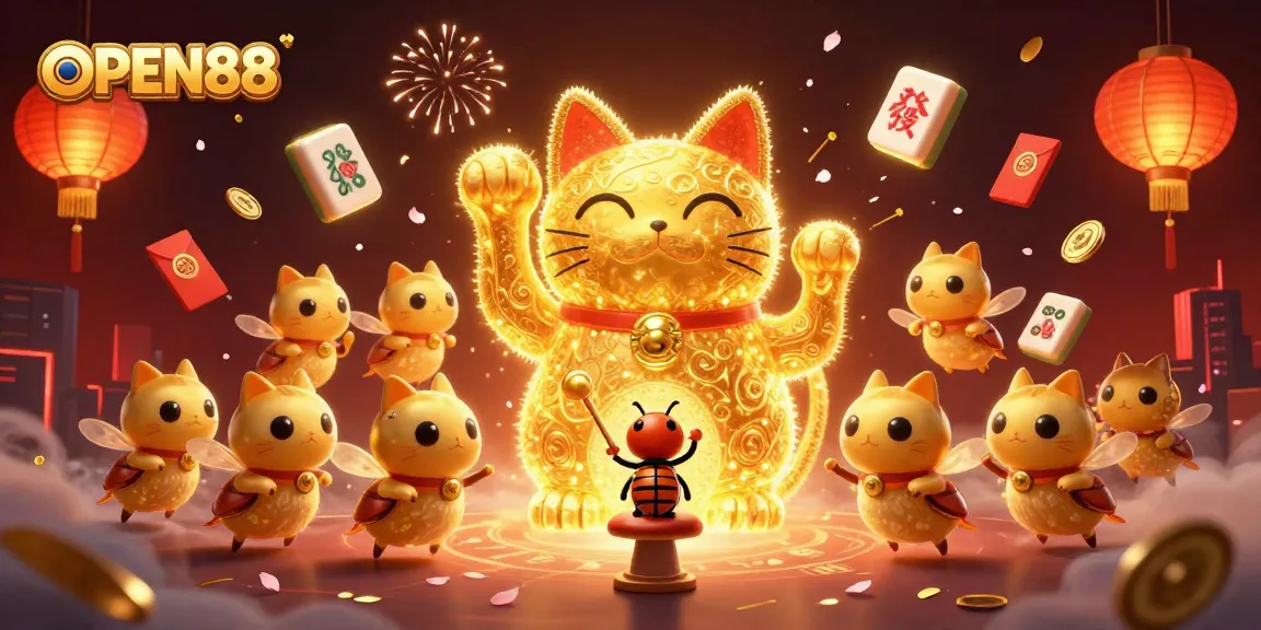 Engage with OPEN88's vibrant casino scene featuring a lucky cat and festive elements.