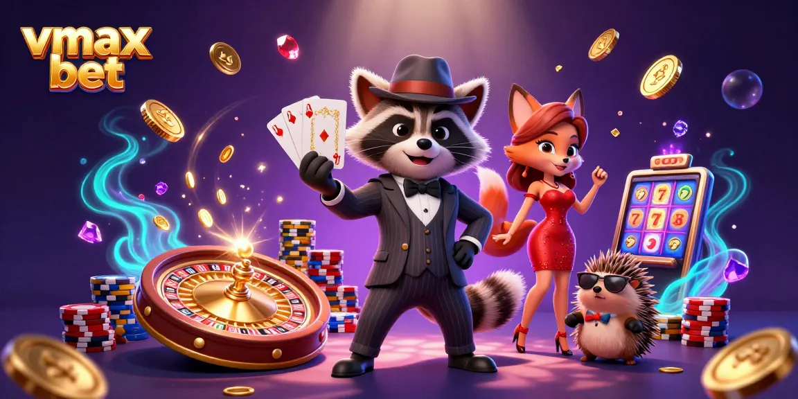 Experience the thrill of vmax bet as a suave raccoon, a glamorous fox, and a hedgehog bouncer celebrate wins with dynamic casino elements.