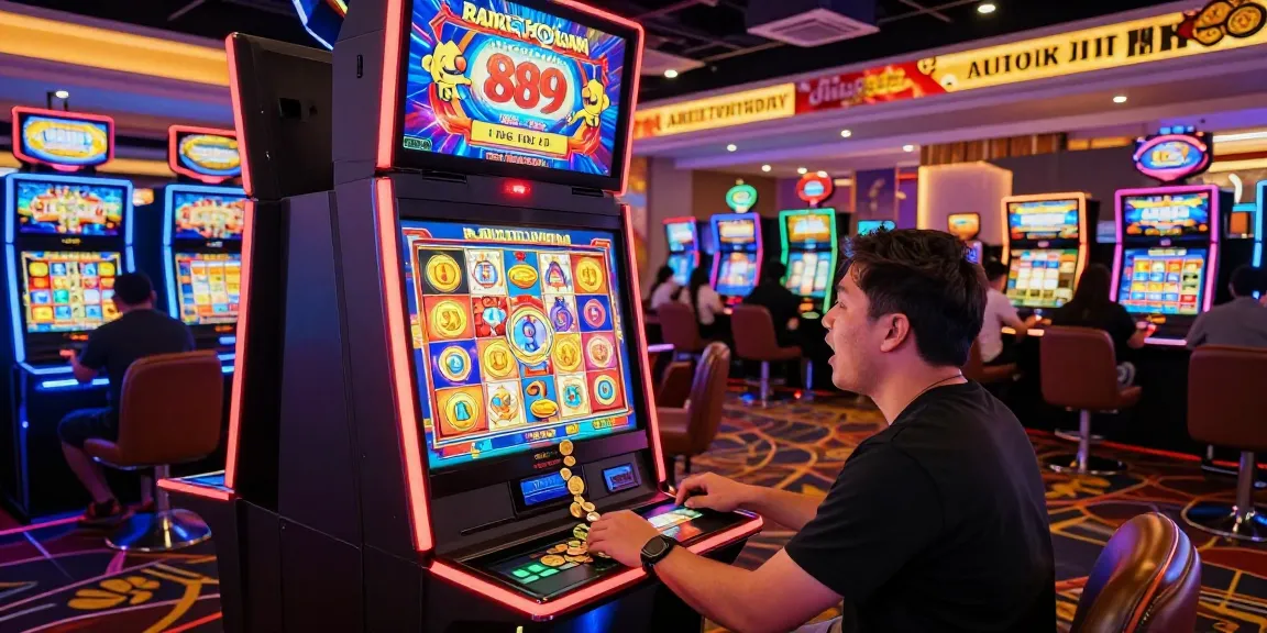 Excited player engaging with the rajakhodam89 slot game in a vibrant casino setting.