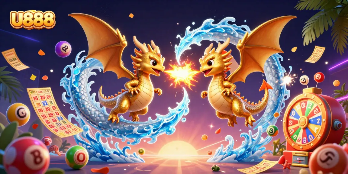 Engage with U888's dynamic casino scene featuring cartoon dragons amidst lottery elements.