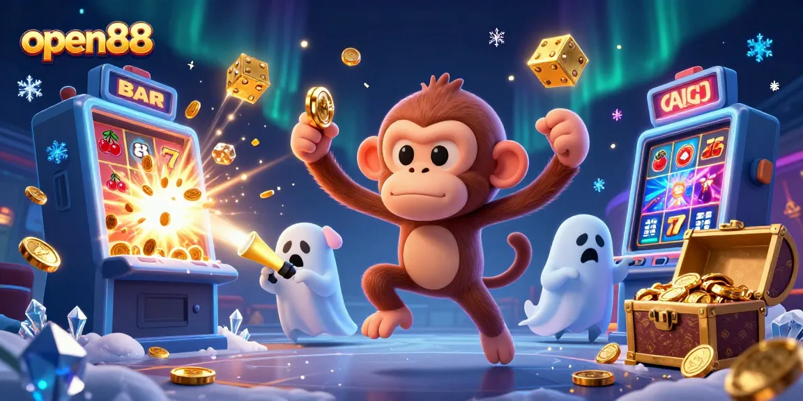 open88 showcases a casino adventure with a mischievous monkey juggling coins and a ghost hunter puppy tracking hidden treasures.
