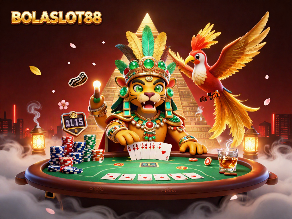 BOLASLOT88 immerses players in a vibrant casino scene filled with rich colors and dynamic card elements.