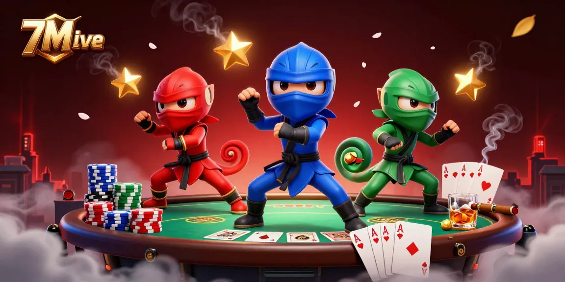 Engage in exciting gameplay with 7M live, featuring ninja chameleons around poker elements.