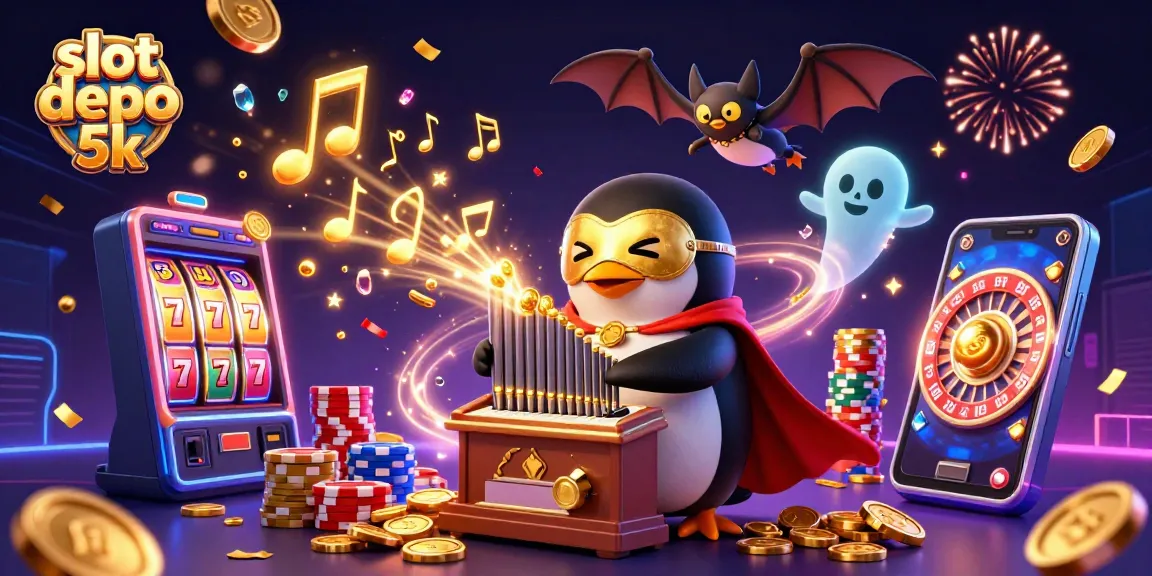 Play and win with slot depo 5k illustrated scene, featuring a penguin organist, golden coins, and exciting casino elements.