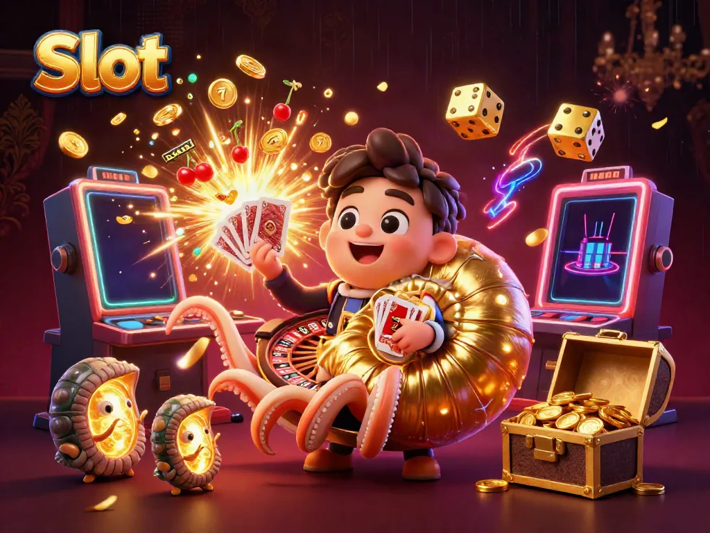 Slot menampilkan jackpot dengan mesin slot megah dan karakter dalam ilustrasi 3D yang menarik.