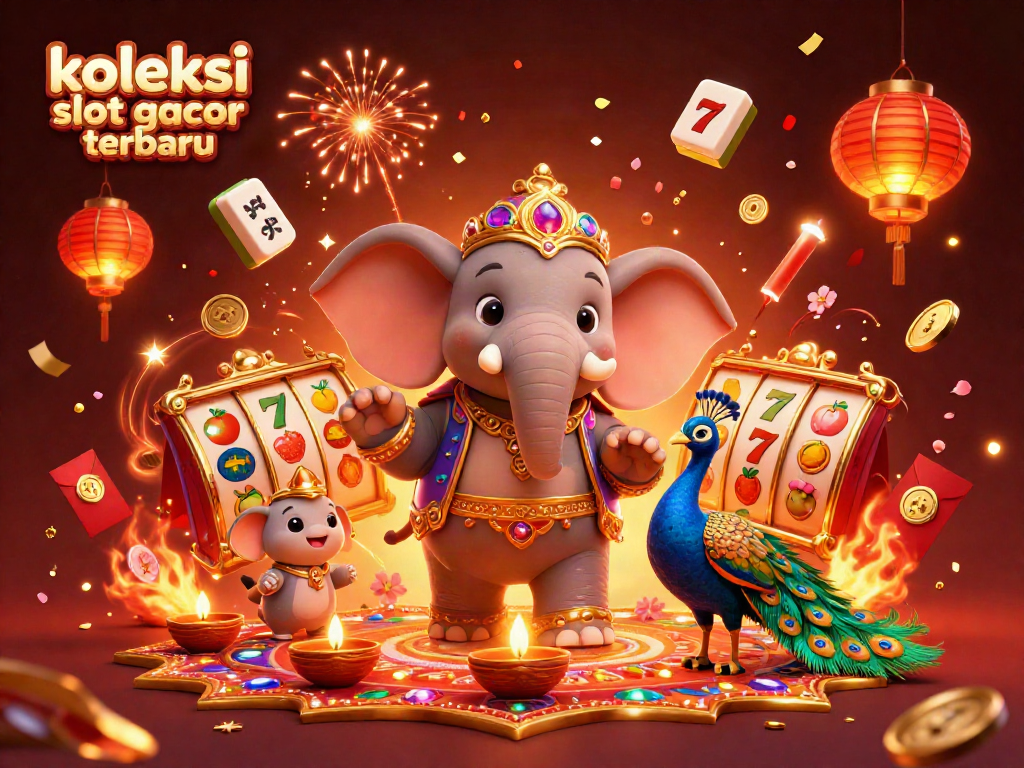 Koleksi slot gacor terbaru dengan gajah kartun Diwali dan merak berwarna-warni, dikelilingi oleh simbol slot dan elemen perayaan.