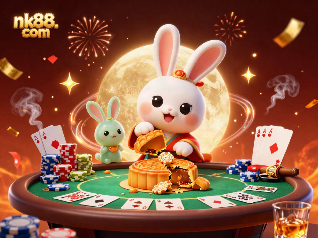 Experience exciting poker gameplay with nk88. com as a moon rabbit pounds mooncakes revealing poker chips.