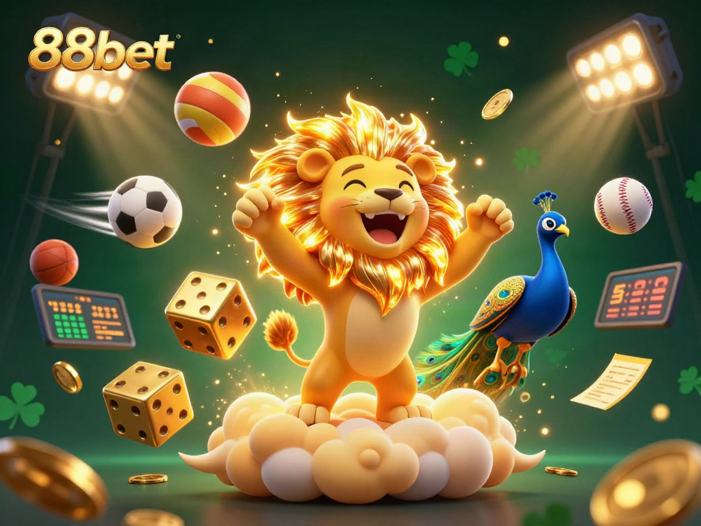 Experience the thrill of 88bet with vibrant casino elements featuring a lion, golden dice, and sports balls.