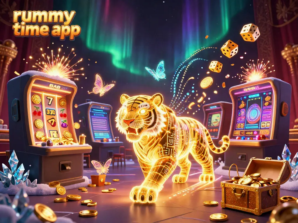 Engage with the rummy time app in a vibrant digital casino landscape featuring a neon golden tiger and dynamic game elements.