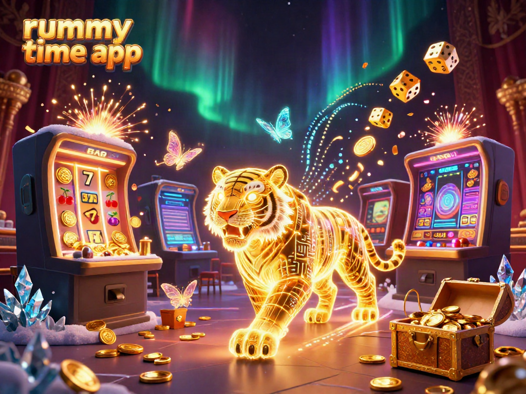 Engage with the rummy time app in a vibrant digital casino landscape featuring a neon golden tiger and dynamic game elements.