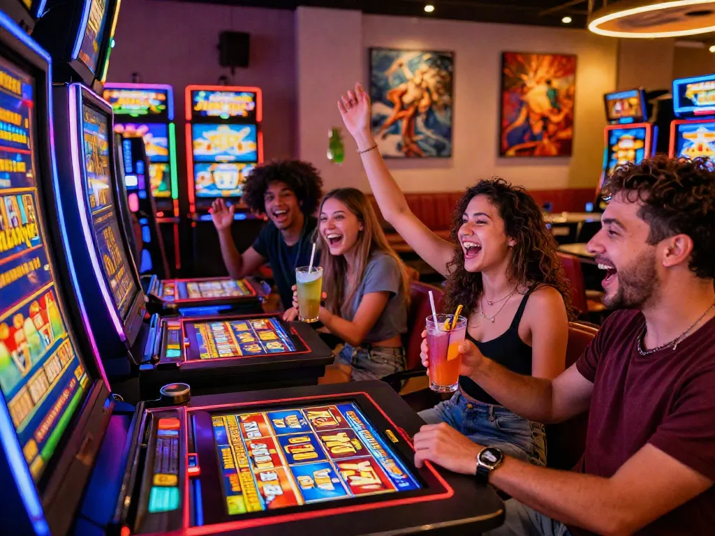 Friends winning on Lucky777 game in a lively casino setting.